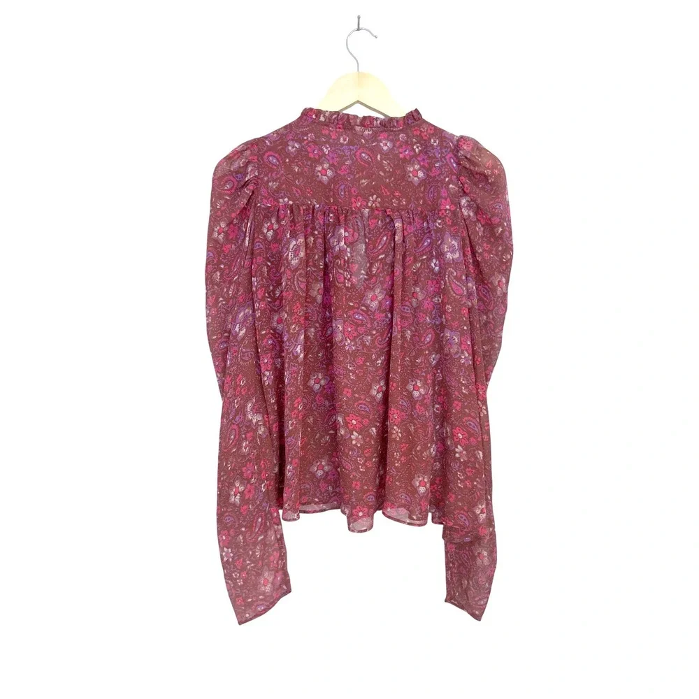 Ulla Johnson Renly Silk Paisley Floral Puff Sleeve Blouse Berry Purple Size 8